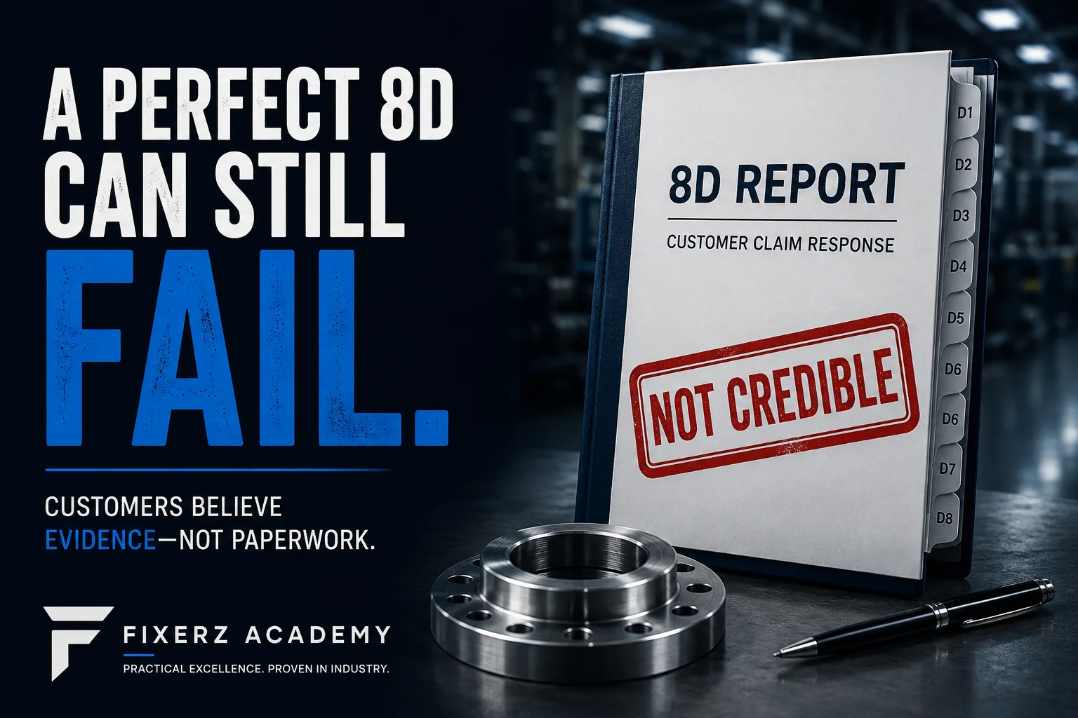 8D report illustrating that a perfect-looking 8D can still fail without credible evidence, customer claim management, root cause analysis, and verified corrective actions.