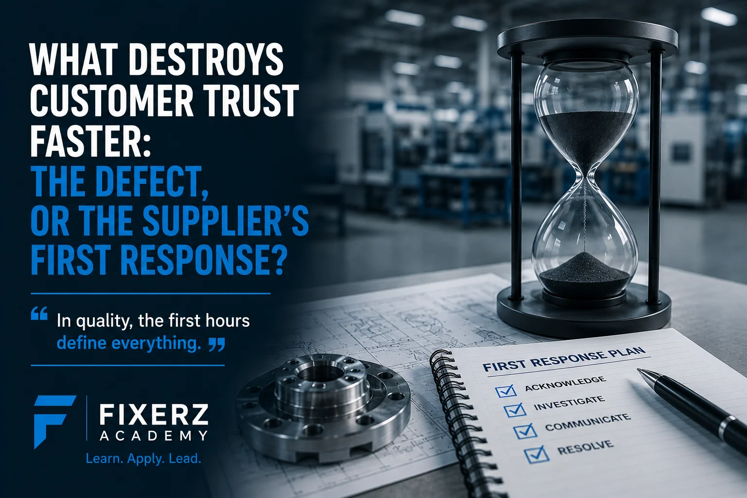 Professional quality management banner illustrating customer trust in automotive manufacturing, highlighting that a supplier’s first response during a customer complaint is more important than the defect itself.