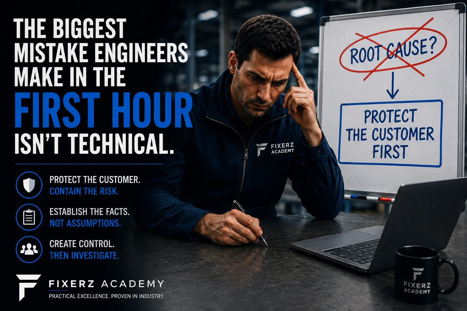 Engineer responding to a customer claim during the first hour with a whiteboard showing protect the customer first before root cause investigation.