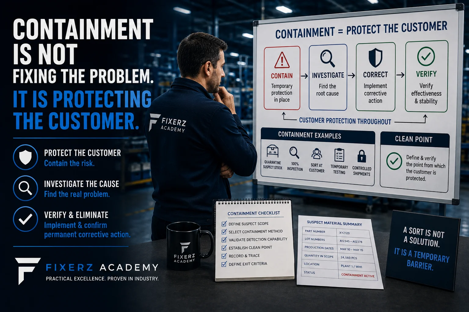 Quality engineer implementing a containment action to protect the customer while investigating a manufacturing defect during an 8D response.