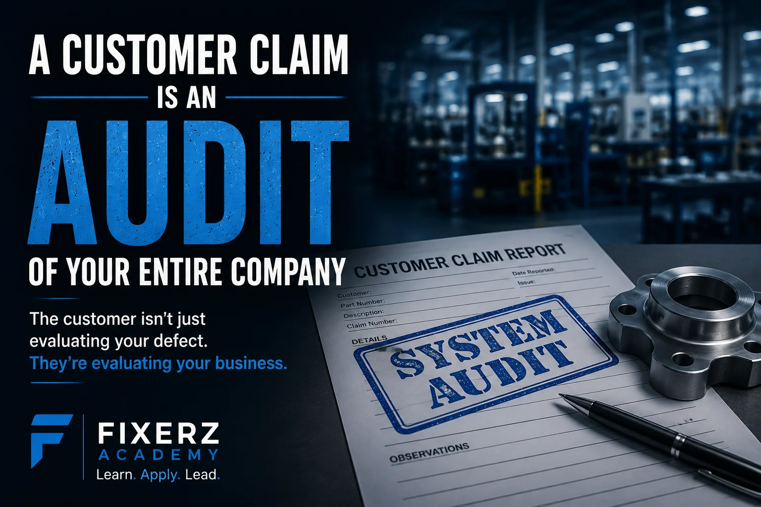 Professional manufacturing quality banner illustrating that a customer claim audits an entire company, highlighting leadership, communication, traceability, and quality management in an automotive manufacturing environment.