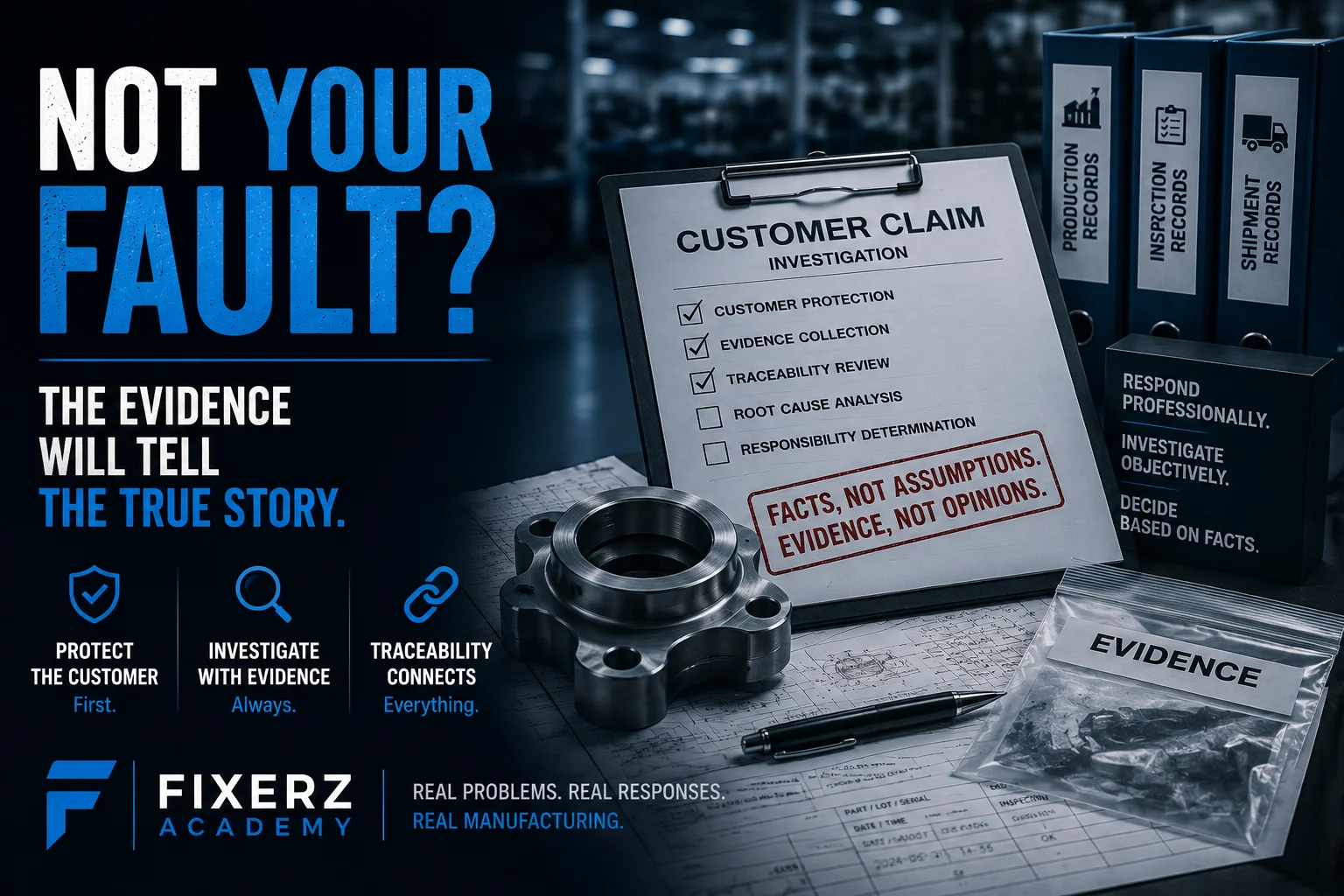 Professional manufacturing quality banner illustrating evidence-based customer claim investigation, emphasizing customer protection, traceability, and objective decision-making before assigning responsibility.