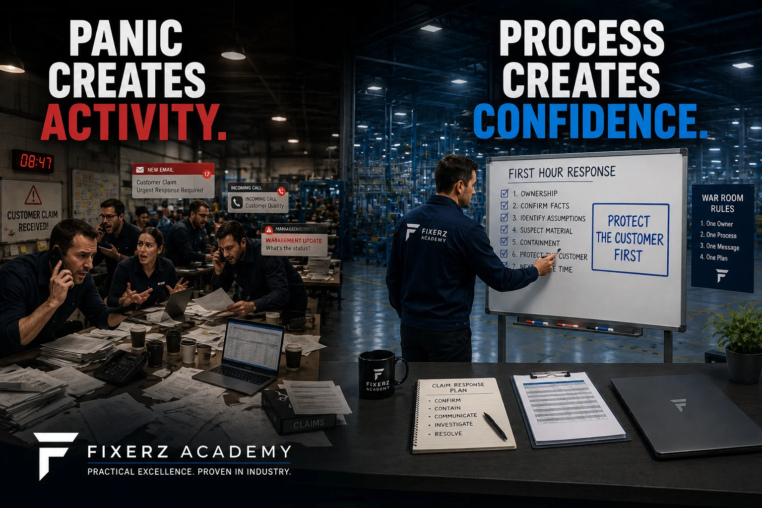 Quality engineer managing a structured customer claim process using a first-hour response checklist to protect the customer and create confidence.