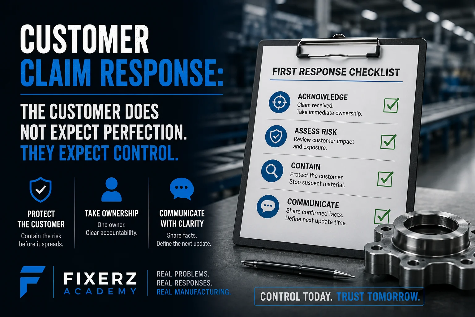 Professional manufacturing quality banner illustrating a structured customer claim response with a first response checklist, customer protection, ownership, containment, and clear communication in an automotive manufacturing environment.