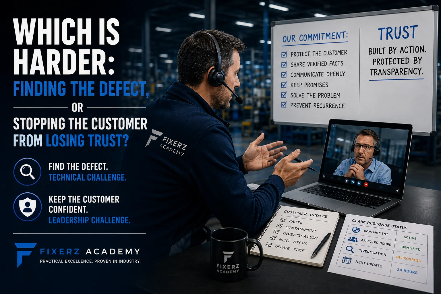 Quality engineer communicating with a customer while managing a manufacturing defect investigation and protecting customer trust during a customer claim.