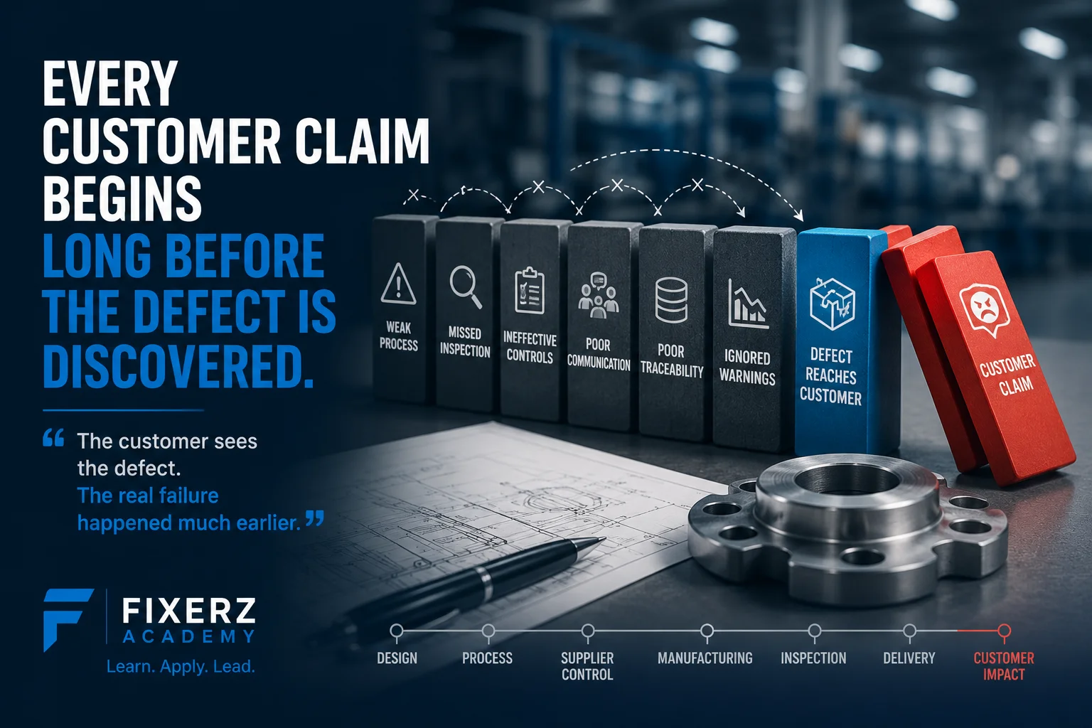 Professional manufacturing quality illustration showing how weak processes, missed inspections, ineffective controls, and poor communication lead to customer claims.