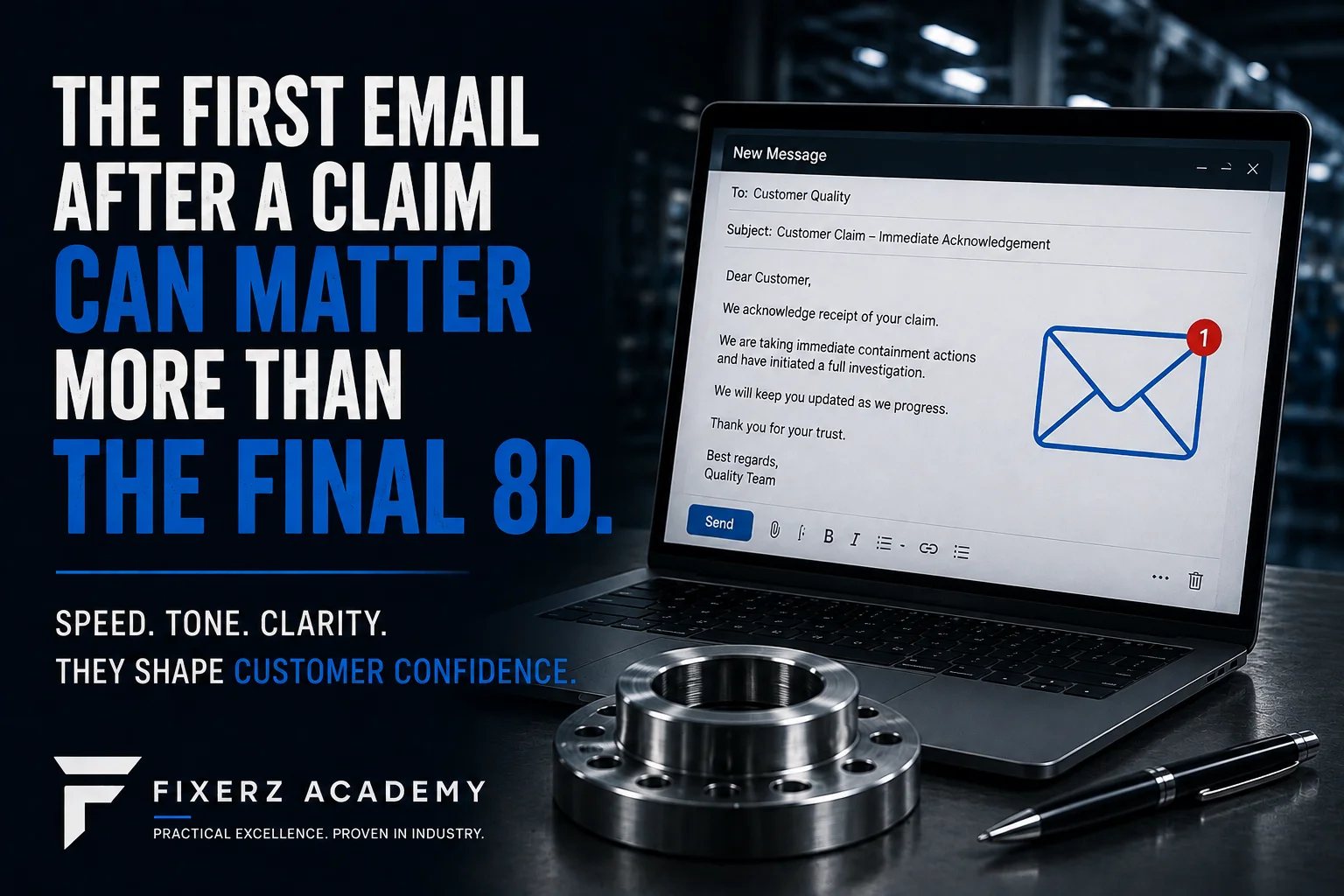 The first email after a customer claim demonstrating how a professional first response builds customer confidence before the final 8D investigation.